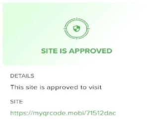 Tela do aplicativo com o aviso SITE IS APPROVED: o QR Code lido é confiável